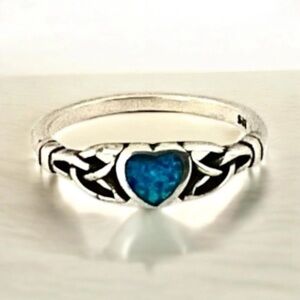 925 Sterling Silver Blue Opal Heart Celtic Knot Ring Size 4-10